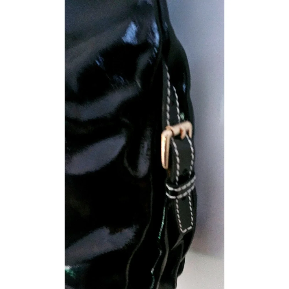Dooney‎ & Bourke Luisa Black Patent Leather Hobo Bag White Stitching Gingham EUC